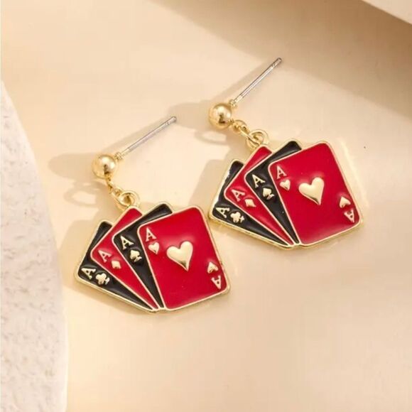 18k Gold Plated Stainless Steel Stack of Ace Cards Earrings - Picture 1 of 5